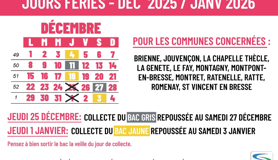 Jours fériés 25 décembre et 1er janvier : collectes repoussées